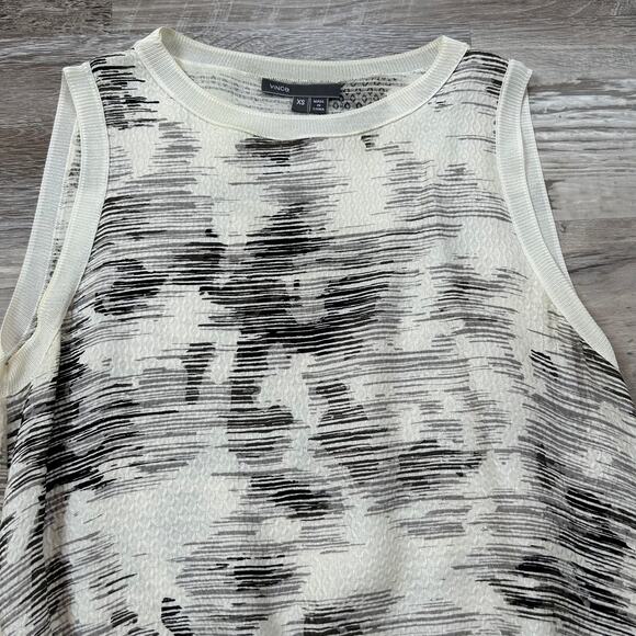 Vince Silk Sleeveless Midi Dress Black White Abstract Print Drawstring Waist XS - Picture 2 of 7